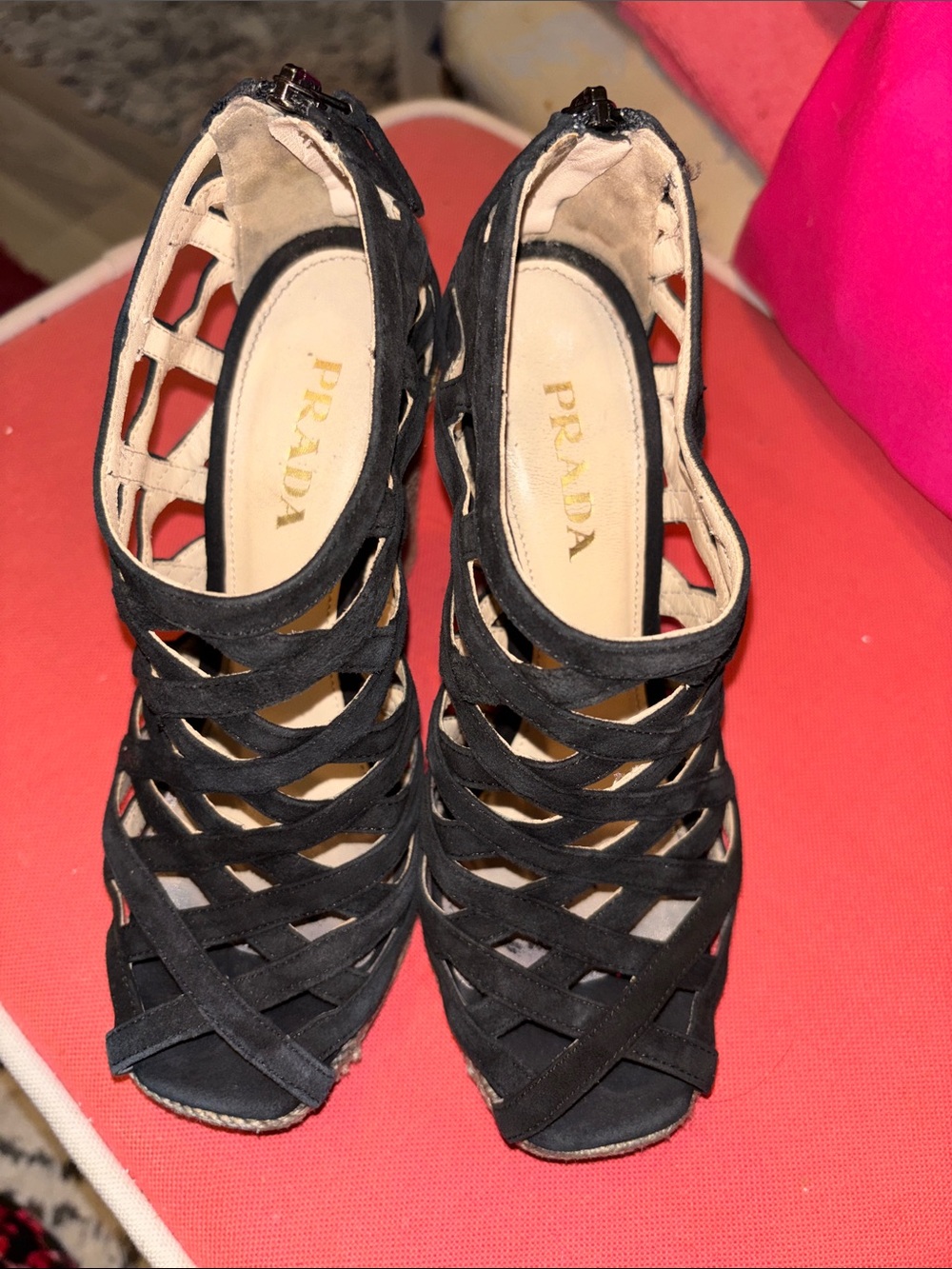 Prada Black Suede Strappy Peep-Toe Heels-Wedges
